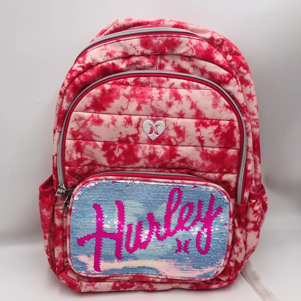 Hurley Tie Dye Backpack Pink‎ Red Sequin Front Pocket School Travel Bag NWT